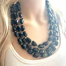 Load image into Gallery viewer, Black &amp; Gold Gala Necklace, 3 strand gold jewelry, big beaded chunky statement necklace, black nugget necklace, gold jewelry earring