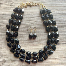 Load image into Gallery viewer, Black &amp; Gold Gala Necklace, 3 strand gold jewelry, big beaded chunky statement necklace, black nugget necklace, gold jewelry earring