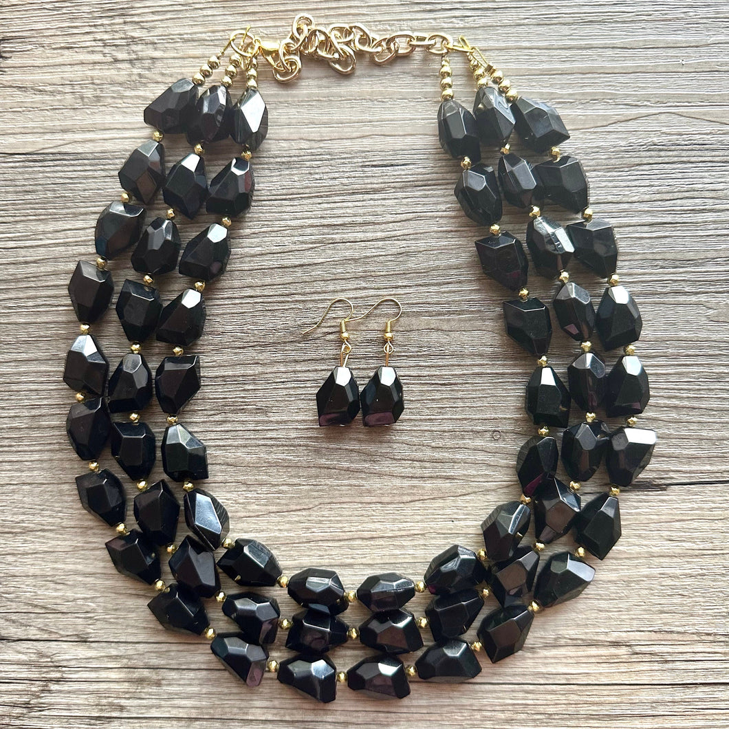 Black & Gold Gala Necklace, 3 strand gold jewelry, big beaded chunky statement necklace, black nugget necklace, gold jewelry earring