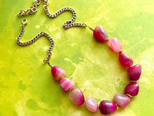 Load image into Gallery viewer, GemStone Chunky Statement Necklace, Single Strand Pink Dragon Vein striped gemstone necklace, gem jewelry beaded agate jewelry gold