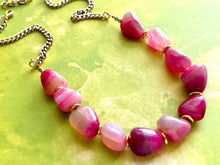 Load image into Gallery viewer, GemStone Chunky Statement Necklace, Single Strand Pink Dragon Vein striped gemstone necklace, gem jewelry beaded agate jewelry gold