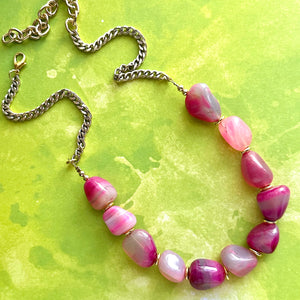 GemStone Chunky Statement Necklace, Single Strand Pink Dragon Vein striped gemstone necklace, gem jewelry beaded agate jewelry gold