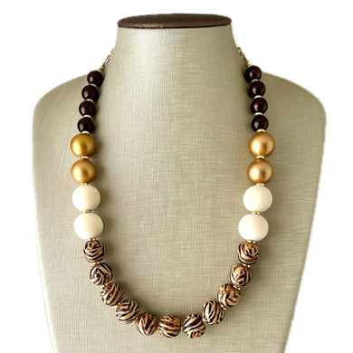 Vintage Chocolate Animal Print Chunky Statement Necklace, brown beaded necklace, wood cheetah beaded jewelry gold metallic jewel leopard