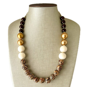 Vintage Chocolate Animal Print Chunky Statement Necklace, brown beaded necklace, wood cheetah beaded jewelry gold metallic jewel leopard