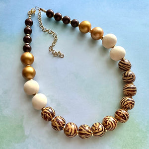 Vintage Chocolate Animal Print Chunky Statement Necklace, brown beaded necklace, wood cheetah beaded jewelry gold metallic jewel leopard