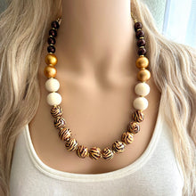 Load image into Gallery viewer, Vintage Chocolate Animal Print Chunky Statement Necklace, brown beaded necklace, wood cheetah beaded jewelry gold metallic jewel leopard