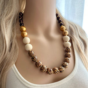 Vintage Chocolate Animal Print Chunky Statement Necklace, brown beaded necklace, wood cheetah beaded jewelry gold metallic jewel leopard