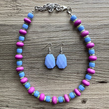 Load image into Gallery viewer, Single Strand Light Blue Big Beaded Statement Necklace, lime green Jewelry, purple pink beaded necklace, periwinkle beaded bridesmaid earrin