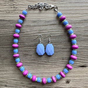 Single Strand Light Blue Big Beaded Statement Necklace, lime green Jewelry, purple pink beaded necklace, periwinkle beaded bridesmaid earrin