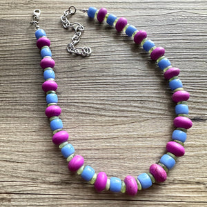 Single Strand Light Blue Big Beaded Statement Necklace, lime green Jewelry, purple pink beaded necklace, periwinkle beaded bridesmaid earrin