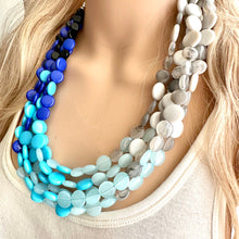 Load image into Gallery viewer, Blue Blizzard Ombré statement necklace, chunky bib necklace, beaded jewelry turquoise necklace, 5 strand gray white black aqua baby blue