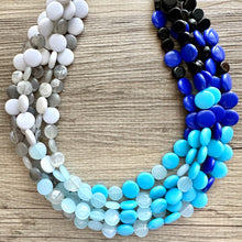 Load image into Gallery viewer, Blue Blizzard Ombré statement necklace, chunky bib necklace, beaded jewelry turquoise necklace, 5 strand gray white black aqua baby blue