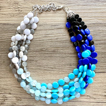 Load image into Gallery viewer, Blue Blizzard Ombré statement necklace, chunky bib necklace, beaded jewelry turquoise necklace, 5 strand gray white black aqua baby blue