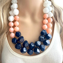 Load image into Gallery viewer, Summer Peach &amp; Navy Blue Necklace, multi strand colorful jewelry, big beaded chunky statement necklace, navy blue white coral jewelry