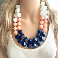 Load image into Gallery viewer, Summer Peach &amp; Navy Blue Necklace, multi strand colorful jewelry, big beaded chunky statement necklace, navy blue white coral jewelry