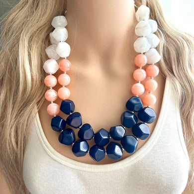 Summer Peach & Navy Blue Necklace, multi strand colorful jewelry, big beaded chunky statement necklace, navy blue white coral jewelry