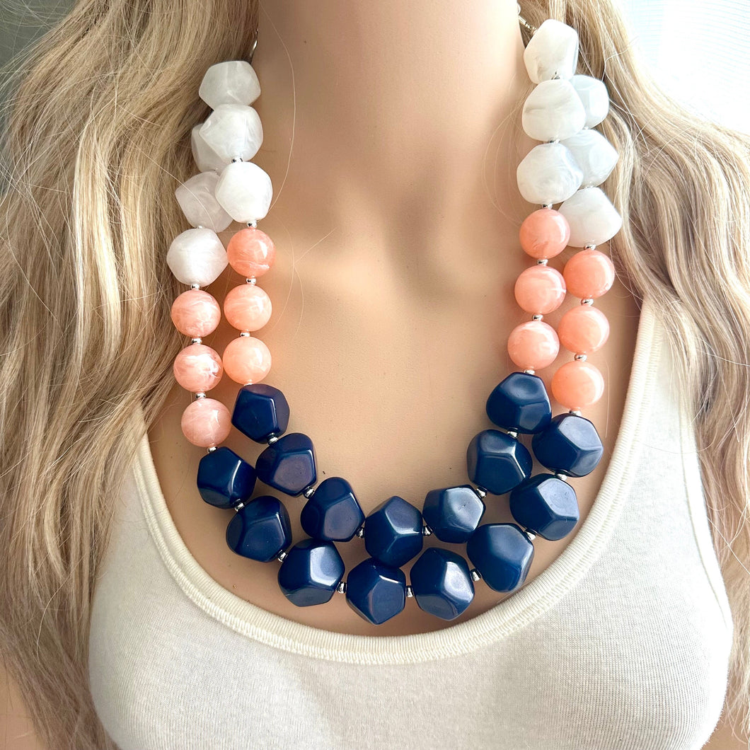 Summer Peach & Navy Blue Necklace, multi strand colorful jewelry, big beaded chunky statement necklace, navy blue white coral jewelry