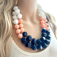Load image into Gallery viewer, Summer Peach &amp; Navy Blue Necklace, multi strand colorful jewelry, big beaded chunky statement necklace, navy blue white coral jewelry