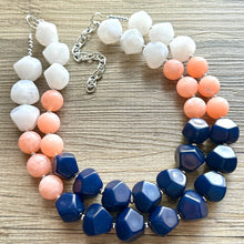 Load image into Gallery viewer, Summer Peach &amp; Navy Blue Necklace, multi strand colorful jewelry, big beaded chunky statement necklace, navy blue white coral jewelry