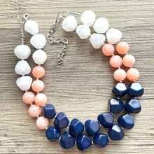 Load image into Gallery viewer, Summer Peach &amp; Navy Blue Necklace, multi strand colorful jewelry, big beaded chunky statement necklace, navy blue white coral jewelry