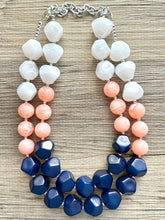 Load image into Gallery viewer, Summer Peach &amp; Navy Blue Necklace, multi strand colorful jewelry, big beaded chunky statement necklace, navy blue white coral jewelry