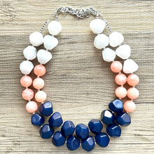 Load image into Gallery viewer, Summer Peach &amp; Navy Blue Necklace, multi strand colorful jewelry, big beaded chunky statement necklace, navy blue white coral jewelry