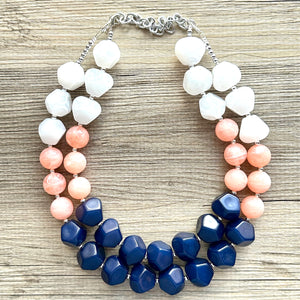 Summer Peach & Navy Blue Necklace, multi strand colorful jewelry, big beaded chunky statement necklace, navy blue white coral jewelry