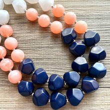 Load image into Gallery viewer, Summer Peach &amp; Navy Blue Necklace, multi strand colorful jewelry, big beaded chunky statement necklace, navy blue white coral jewelry