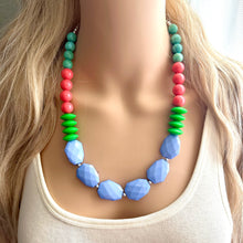 Load image into Gallery viewer, Single Strand Light Blue Big Beaded Long Statement Necklace, Kelly green Jewelry, coral pink periwinkle blue beaded bridesmaid earrings