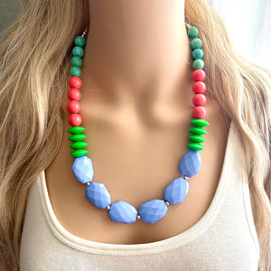 Single Strand Light Blue Big Beaded Long Statement Necklace, Kelly green Jewelry, coral pink periwinkle blue beaded bridesmaid earrings