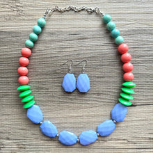 Load image into Gallery viewer, Single Strand Light Blue Big Beaded Long Statement Necklace, Kelly green Jewelry, coral pink periwinkle blue beaded bridesmaid earrings