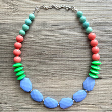 Load image into Gallery viewer, Single Strand Light Blue Big Beaded Long Statement Necklace, Kelly green Jewelry, coral pink periwinkle blue beaded bridesmaid earrings