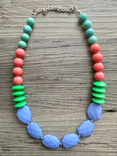 Load image into Gallery viewer, Single Strand Light Blue Big Beaded Long Statement Necklace, Kelly green Jewelry, coral pink periwinkle blue beaded bridesmaid earrings