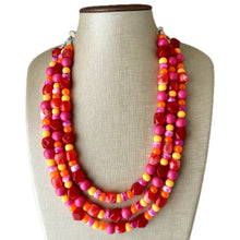 Load image into Gallery viewer, Heat Wave Statement Necklace, neon chunky bib beaded jewelry, Summer pink yellow orange necklace, beaded acrylic jewelry hot pink