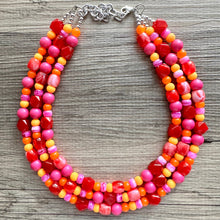 Load image into Gallery viewer, Heat Wave Statement Necklace, neon chunky bib beaded jewelry, Summer pink yellow orange necklace, beaded acrylic jewelry hot pink