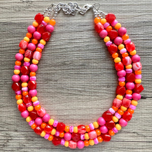 Heat Wave Statement Necklace, neon chunky bib beaded jewelry, Summer pink yellow orange necklace, beaded acrylic jewelry hot pink