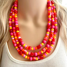 Load image into Gallery viewer, Heat Wave Statement Necklace, neon chunky bib beaded jewelry, Summer pink yellow orange necklace, beaded acrylic jewelry hot pink