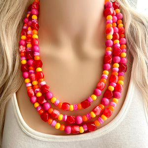 Heat Wave Statement Necklace, neon chunky bib beaded jewelry, Summer pink yellow orange necklace, beaded acrylic jewelry hot pink