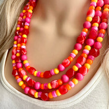 Load image into Gallery viewer, Heat Wave Statement Necklace, neon chunky bib beaded jewelry, Summer pink yellow orange necklace, beaded acrylic jewelry hot pink