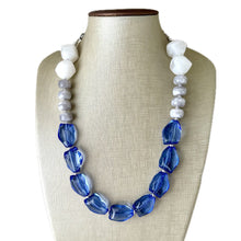 Load image into Gallery viewer, Periwinkle Chunky Statement Necklace, single strand bib beaded jewelry, sky blue color block necklace, beaded light blue gray white jewelry