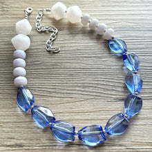 Load image into Gallery viewer, Periwinkle Chunky Statement Necklace, single strand bib beaded jewelry, sky blue color block necklace, beaded light blue gray white jewelry