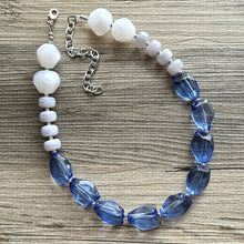 Load image into Gallery viewer, Periwinkle Chunky Statement Necklace, single strand bib beaded jewelry, sky blue color block necklace, beaded light blue gray white jewelry