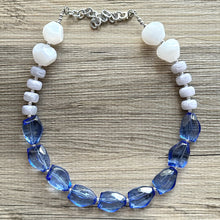 Load image into Gallery viewer, Periwinkle Chunky Statement Necklace, single strand bib beaded jewelry, sky blue color block necklace, beaded light blue gray white jewelry