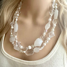 Load image into Gallery viewer, White &amp; Clear Double Strand statement necklace, gold big beaded necklace, chunky jewelry, white necklace, resin necklace, multi-strand
