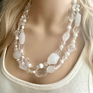 White & Clear Double Strand statement necklace, gold big beaded necklace, chunky jewelry, white necklace, resin necklace, multi-strand