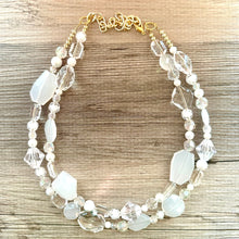 Load image into Gallery viewer, White &amp; Clear Double Strand statement necklace, gold big beaded necklace, chunky jewelry, white necklace, resin necklace, multi-strand