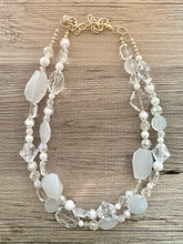Load image into Gallery viewer, White &amp; Clear Double Strand statement necklace, gold big beaded necklace, chunky jewelry, white necklace, resin necklace, multi-strand