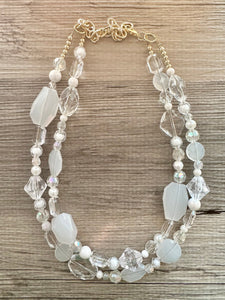 White & Clear Double Strand statement necklace, gold big beaded necklace, chunky jewelry, white necklace, resin necklace, multi-strand