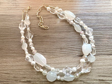 Load image into Gallery viewer, White &amp; Clear Double Strand statement necklace, gold big beaded necklace, chunky jewelry, white necklace, resin necklace, multi-strand