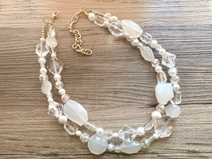 White & Clear Double Strand statement necklace, gold big beaded necklace, chunky jewelry, white necklace, resin necklace, multi-strand